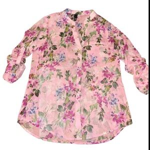 Kut From The Kloth Semi Sheer Pink Floral Lined V-neck Button Up Top Size Small